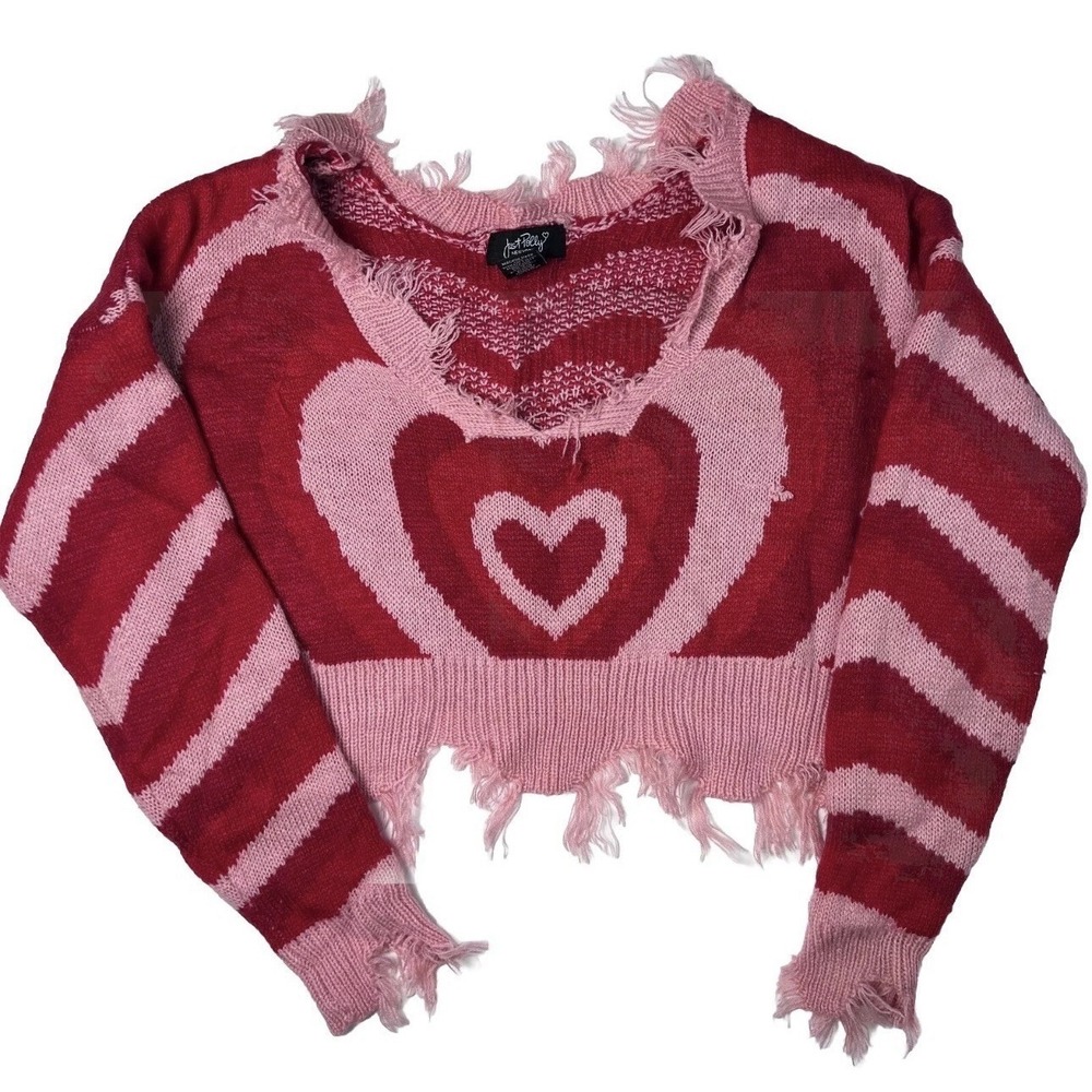 Distressed‎ Just Polly Knit Sweater Medium Frayed Heart Pattern Relaxed